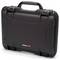 Black, robust suitcase with handle and two locks, suitable for secure transportation of delicate items.