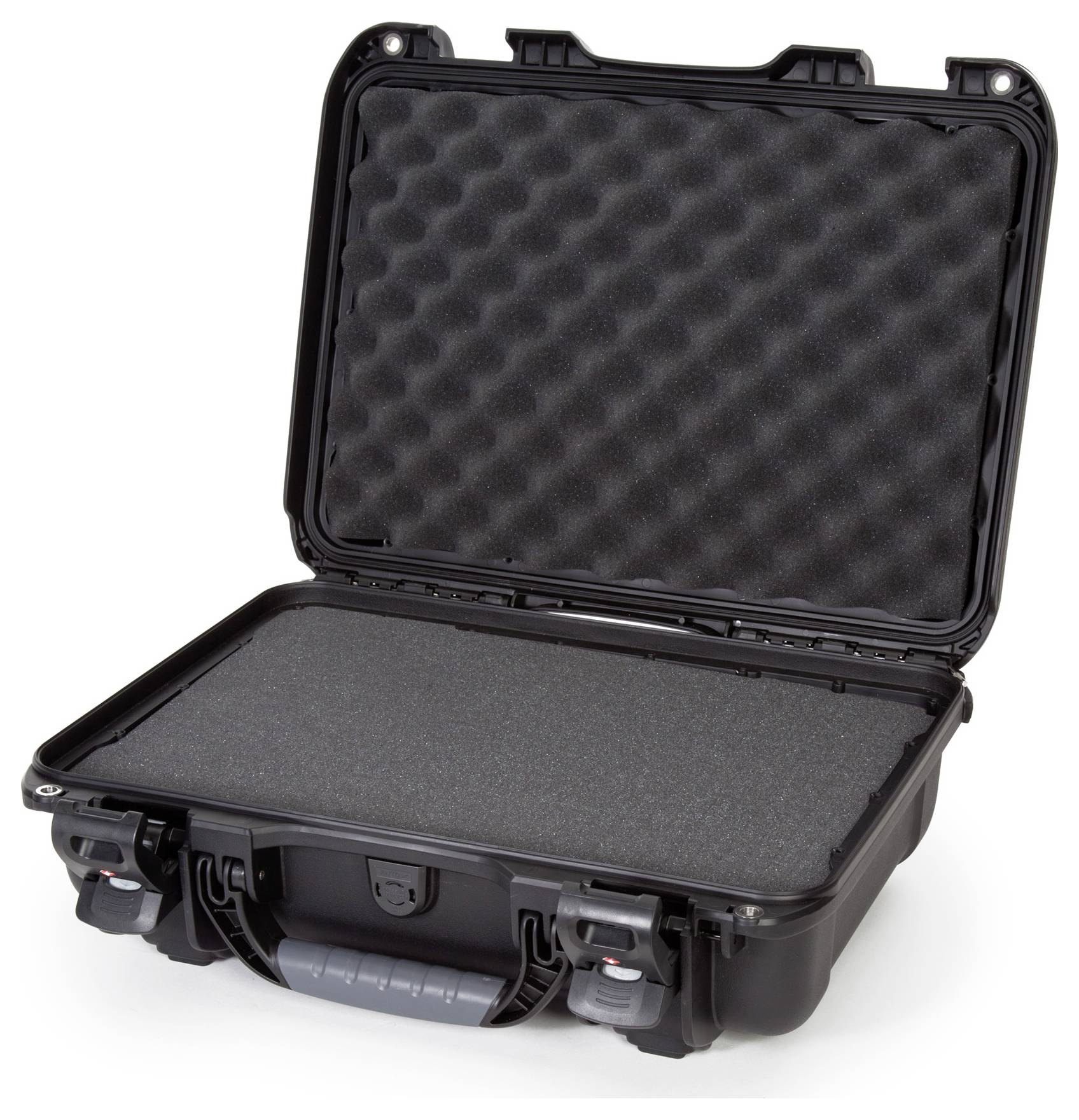 An open, black hard-shell case with foam padding inside, likely used for the secure transportation of delicate items.