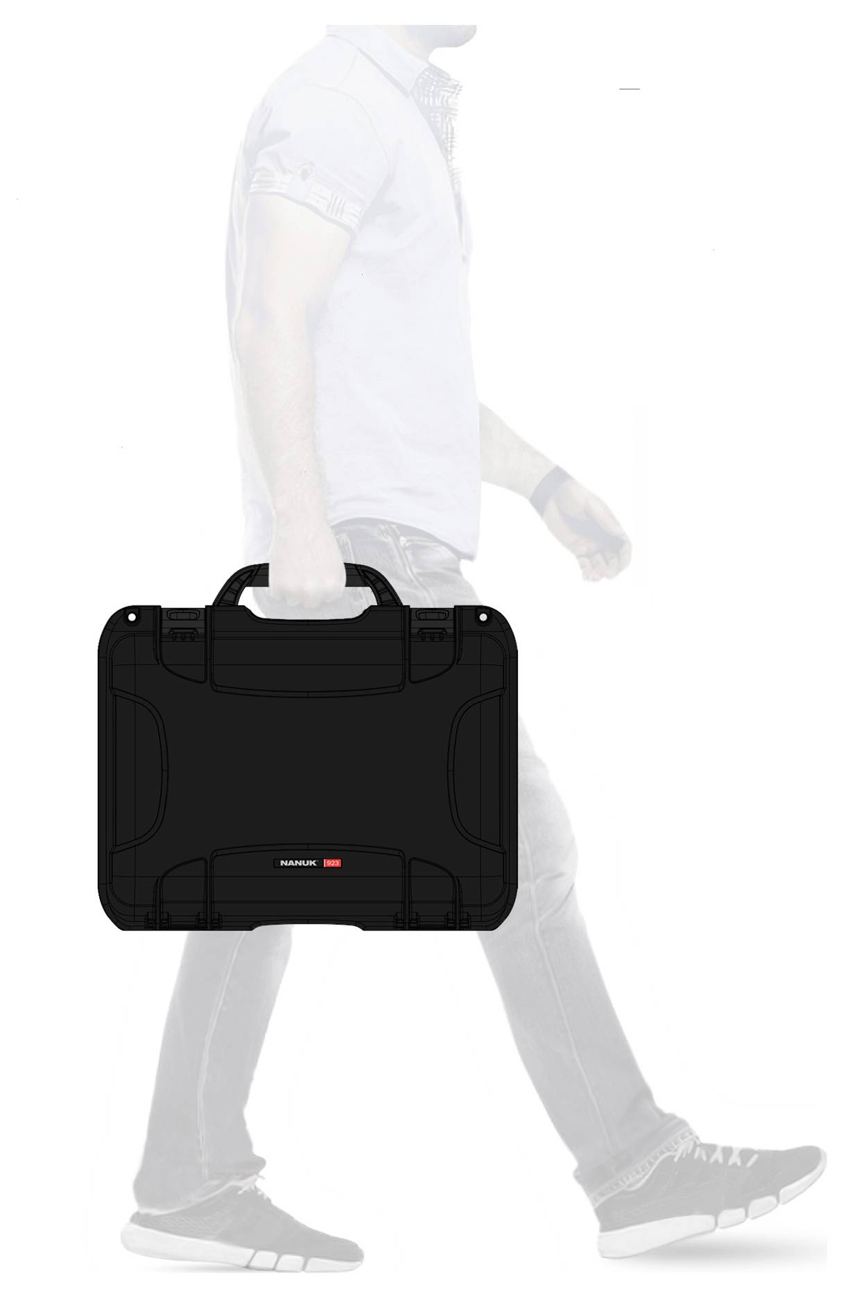 A person walks sideways, carrying a simple black briefcase with a short handle. Clothing: casual shirt, jeans and trainers.