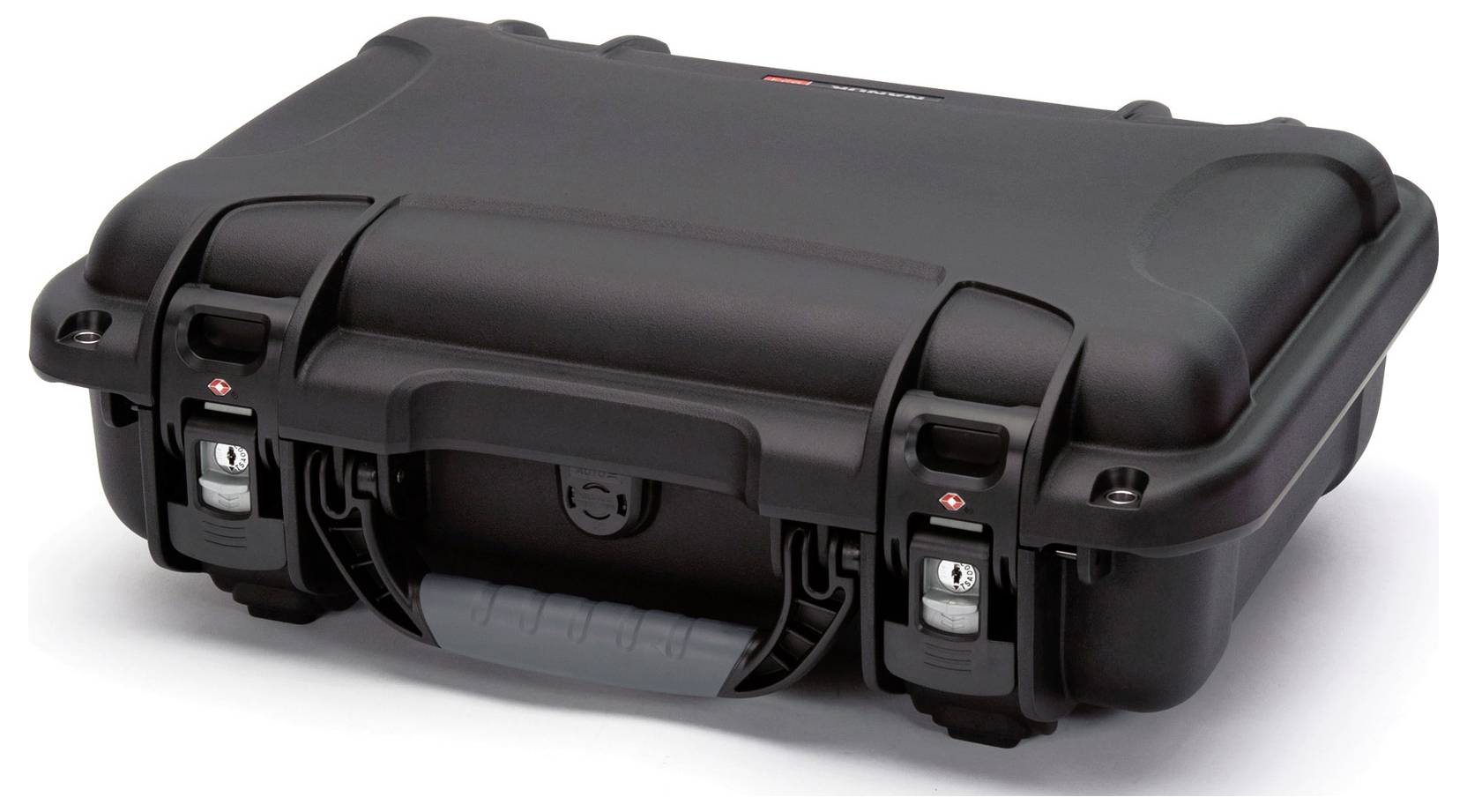 Black protective case with sturdy handle and two security locks, ideal for the safe transportation of delicate items.