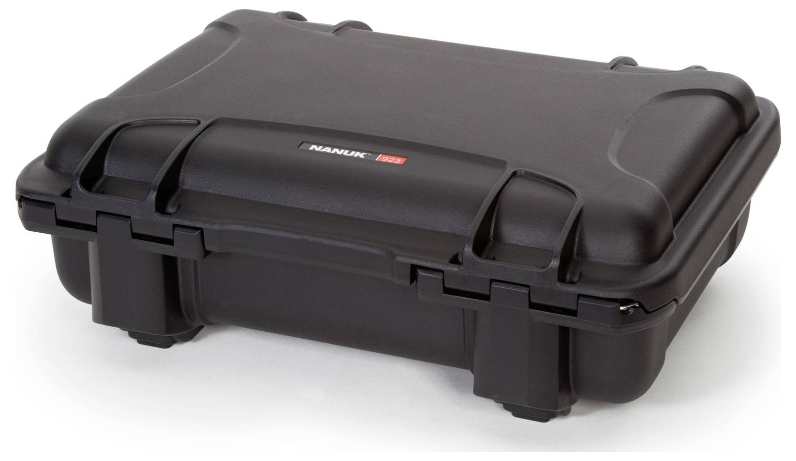 A black, sturdy transport case with robust plastic locks. Suitable for the secure transportation of delicate items.