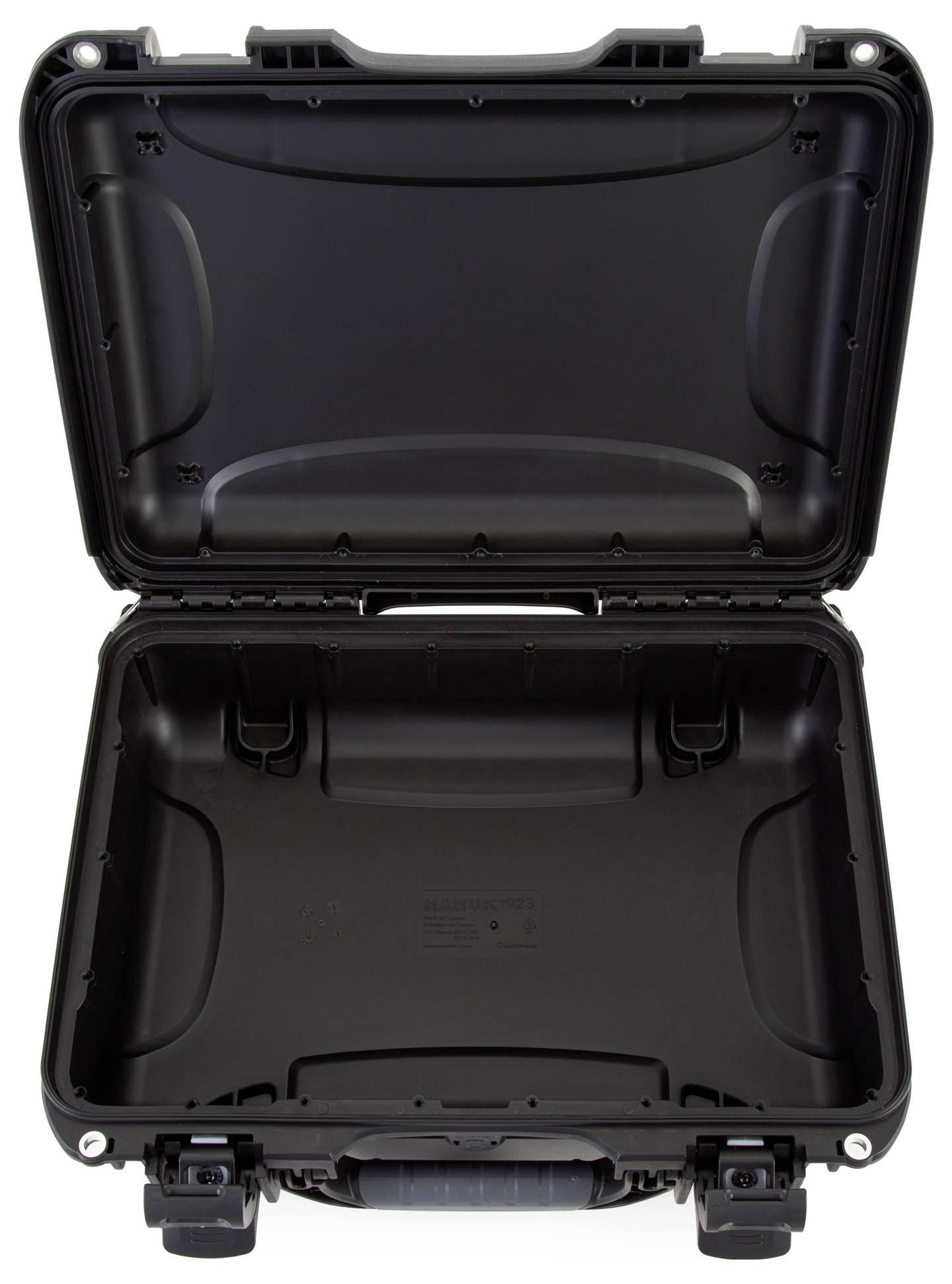 An open, empty black hard-shell suitcase. Ideal for the secure transportation of delicate equipment.