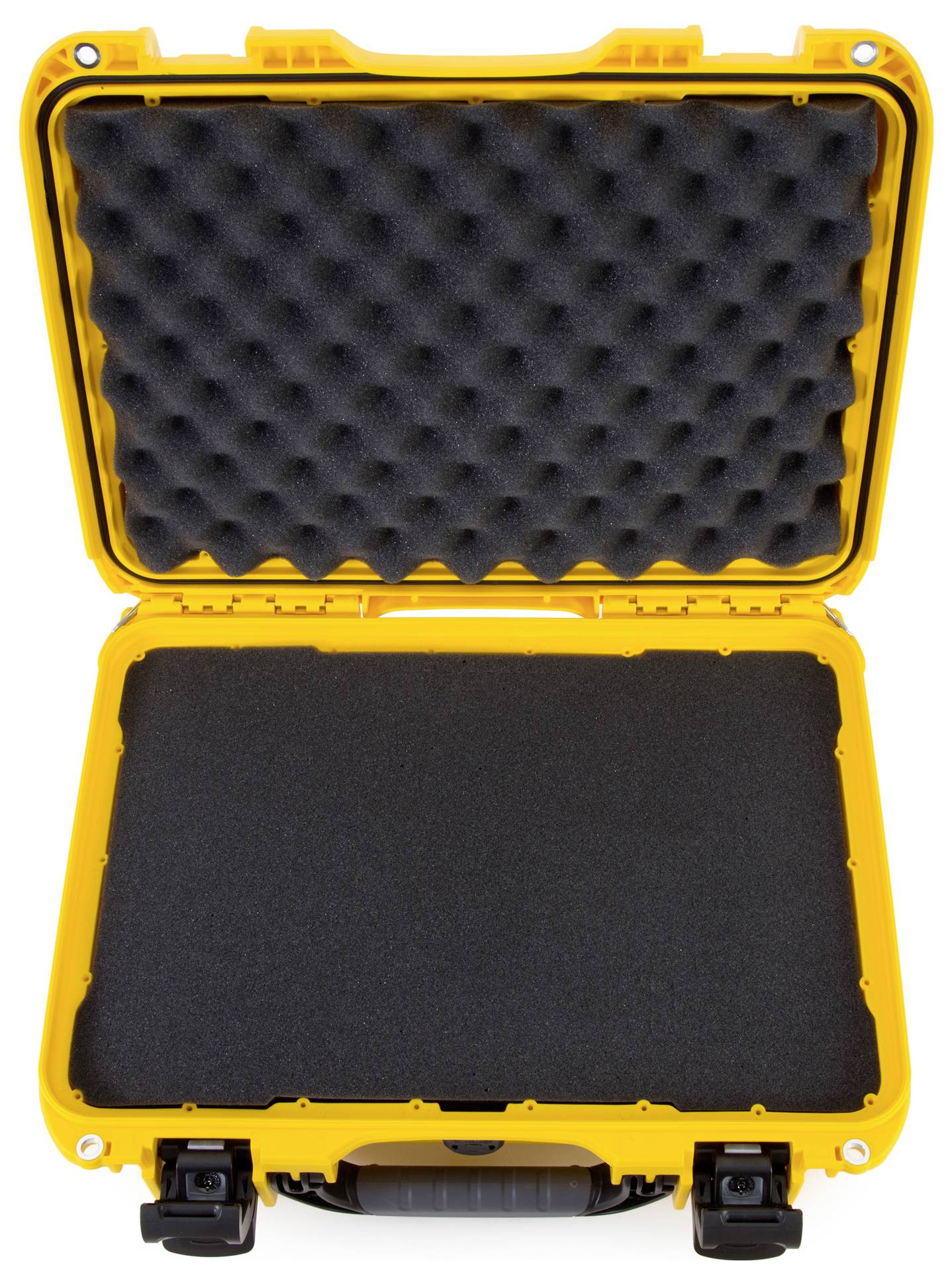 Open yellow protective case with black foam lining, suitable for the secure transportation of delicate items.