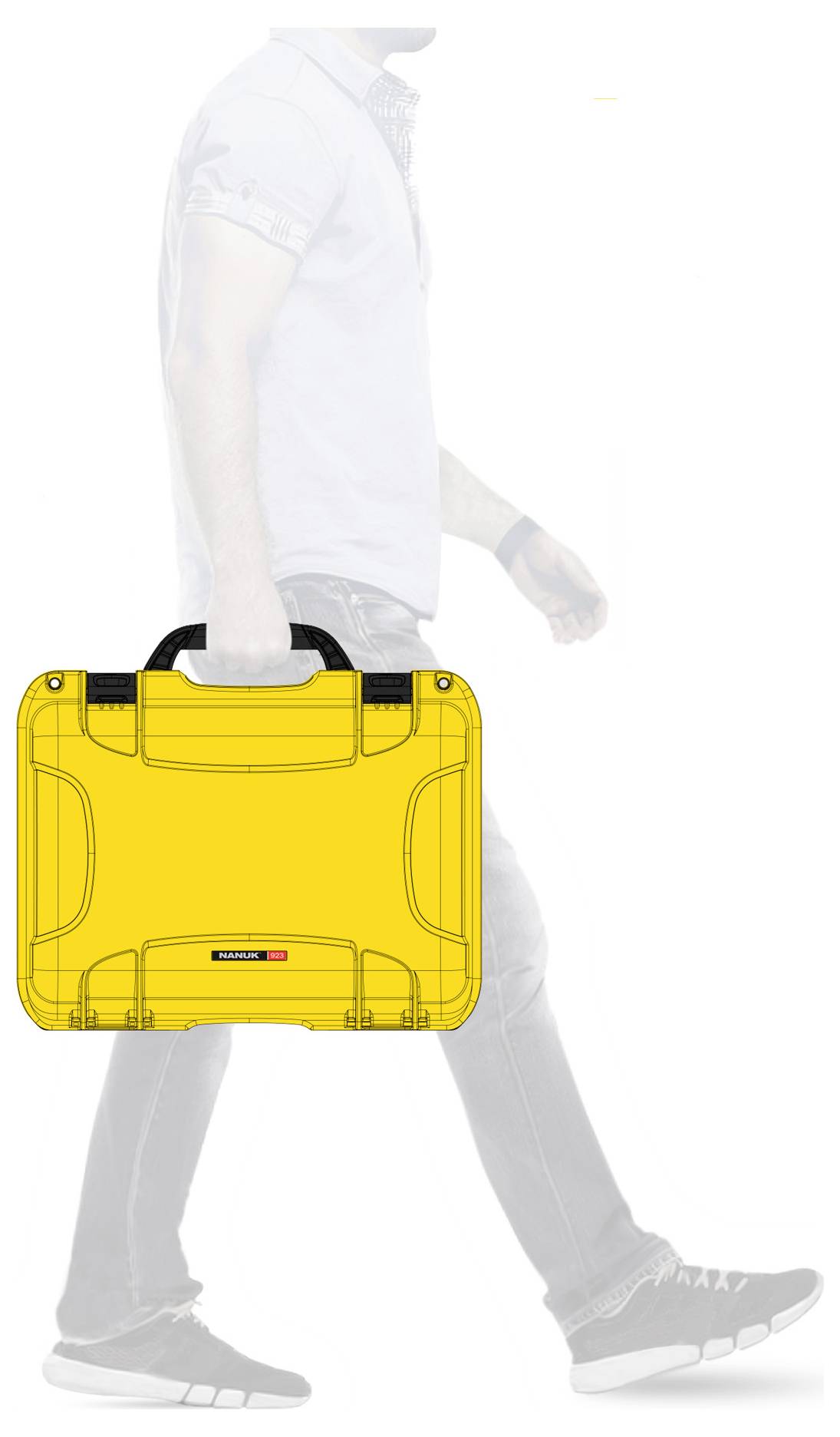 A person is carrying a bright yellow, robust suitcase in their right hand. The suitcase has a black handle.