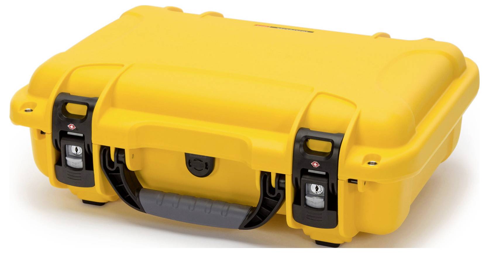 Yellow, robust plastic case with black fastenings and a carry handle, suitable for protecting delicate equipment.