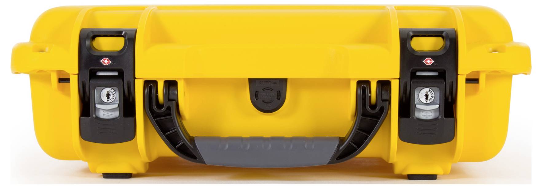 Yellow, robust suitcase made of hard plastic with two black clasps and a carrying handle in the centre.