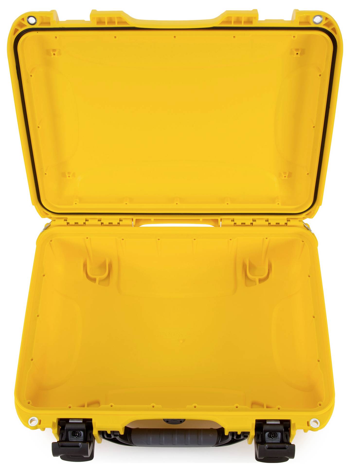 An open yellow hard-shell suitcase with a black closure mechanism, which is empty inside.