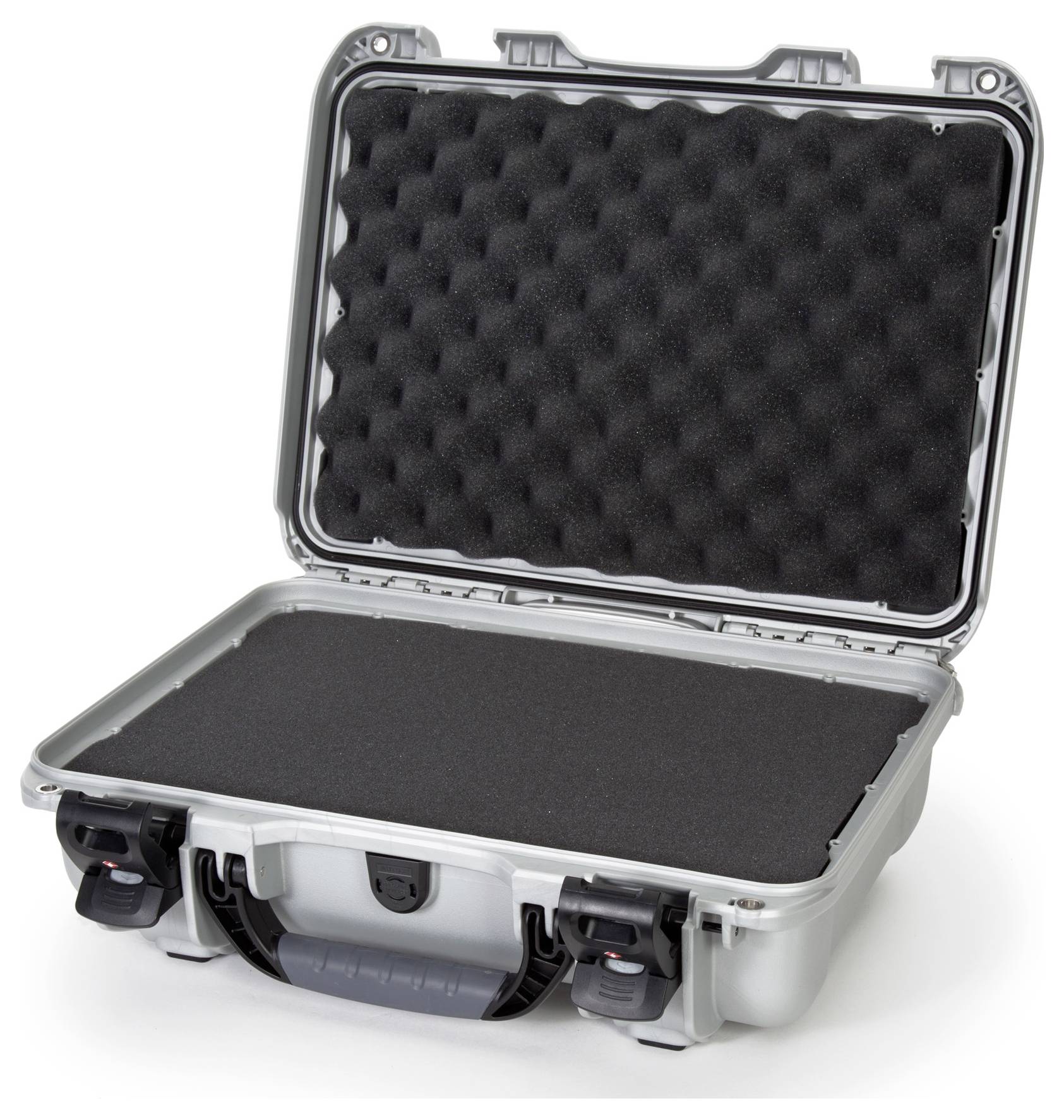 Silver, open hard-shell case with black, padded inner lining, suitable for secure transportation of delicate items.