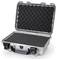 Silver, open hard-shell case with black, padded inner lining, suitable for secure transportation of delicate items.