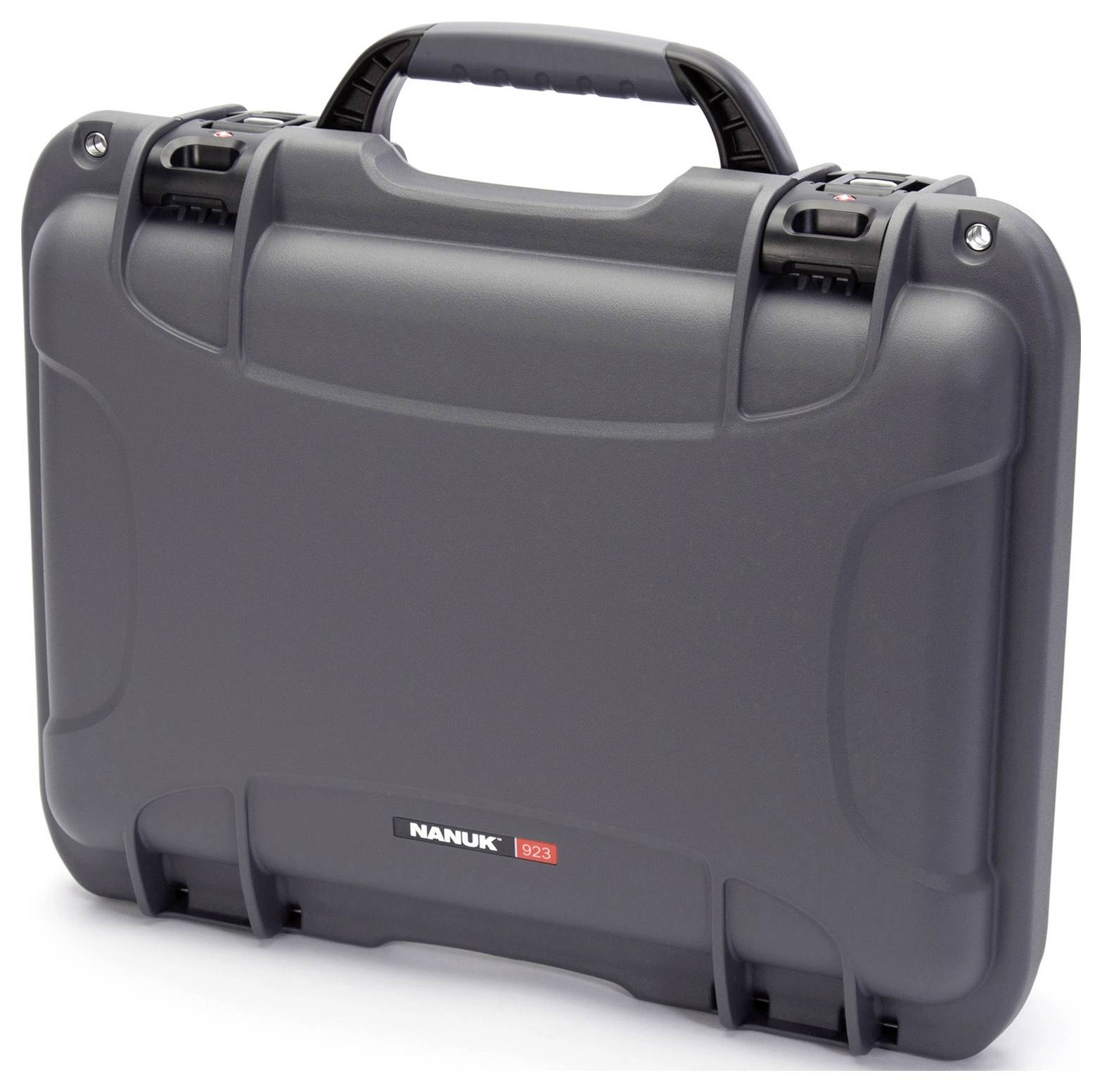 A black, robust transport case with handle and sturdy locks, brand 'Nanuk 923'.