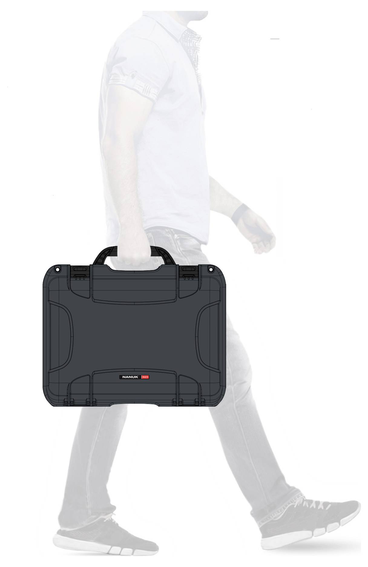 A man is carrying a black briefcase. The background is white, and the man is wearing a light shirt and jeans.