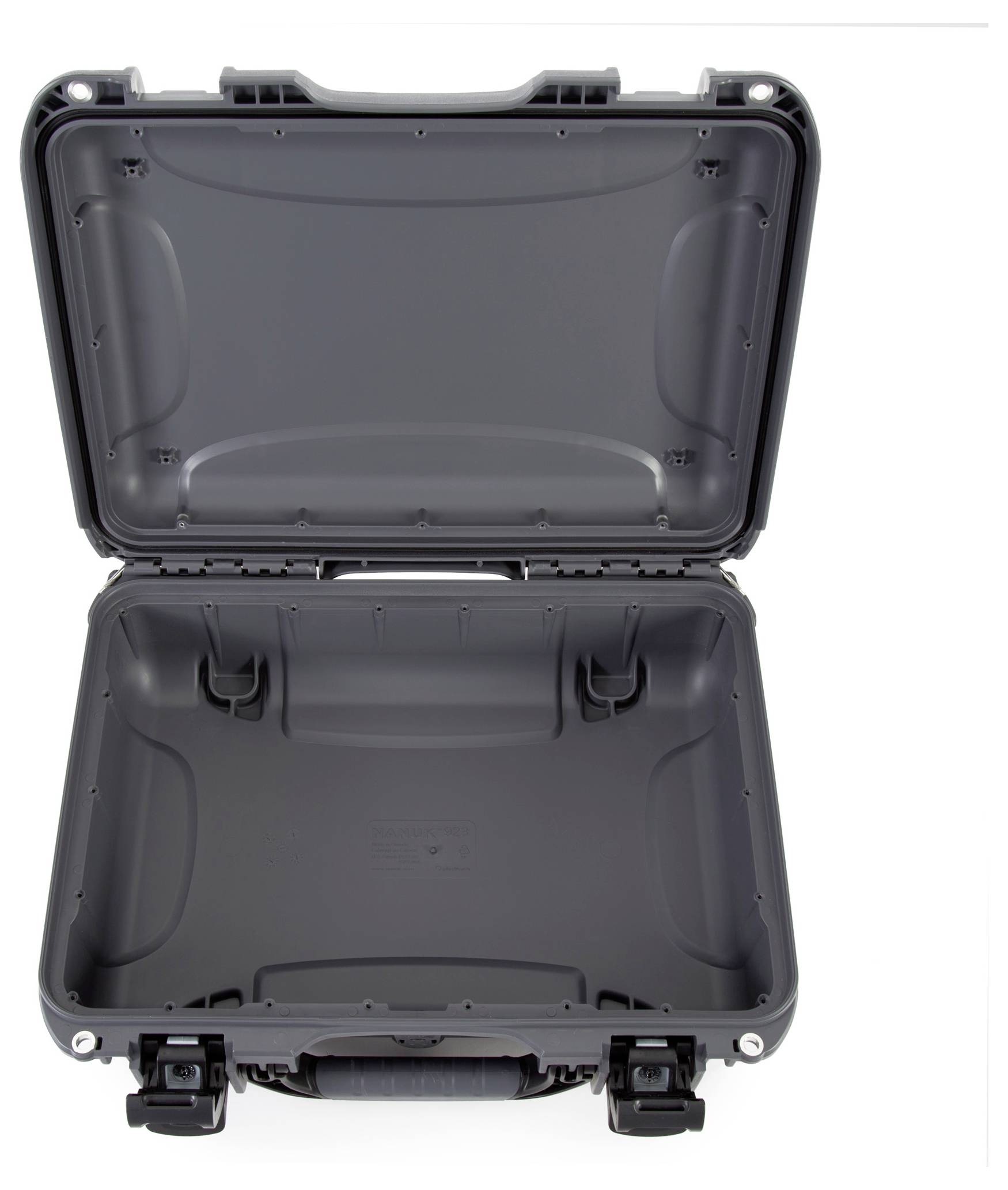 Black, open hard-shell suitcase with reinforced corners and robust buckles, suitable for transporting delicate equipment.