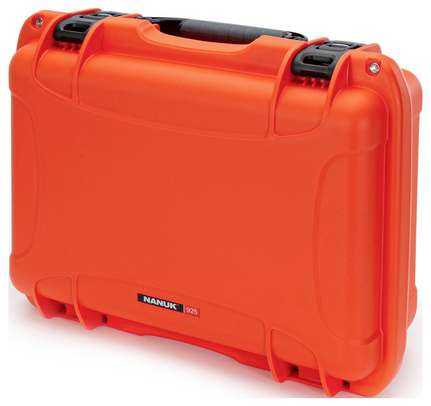 An orange, robust protective case with a black handle and click locks, suitable for the secure transportation of delicate items.