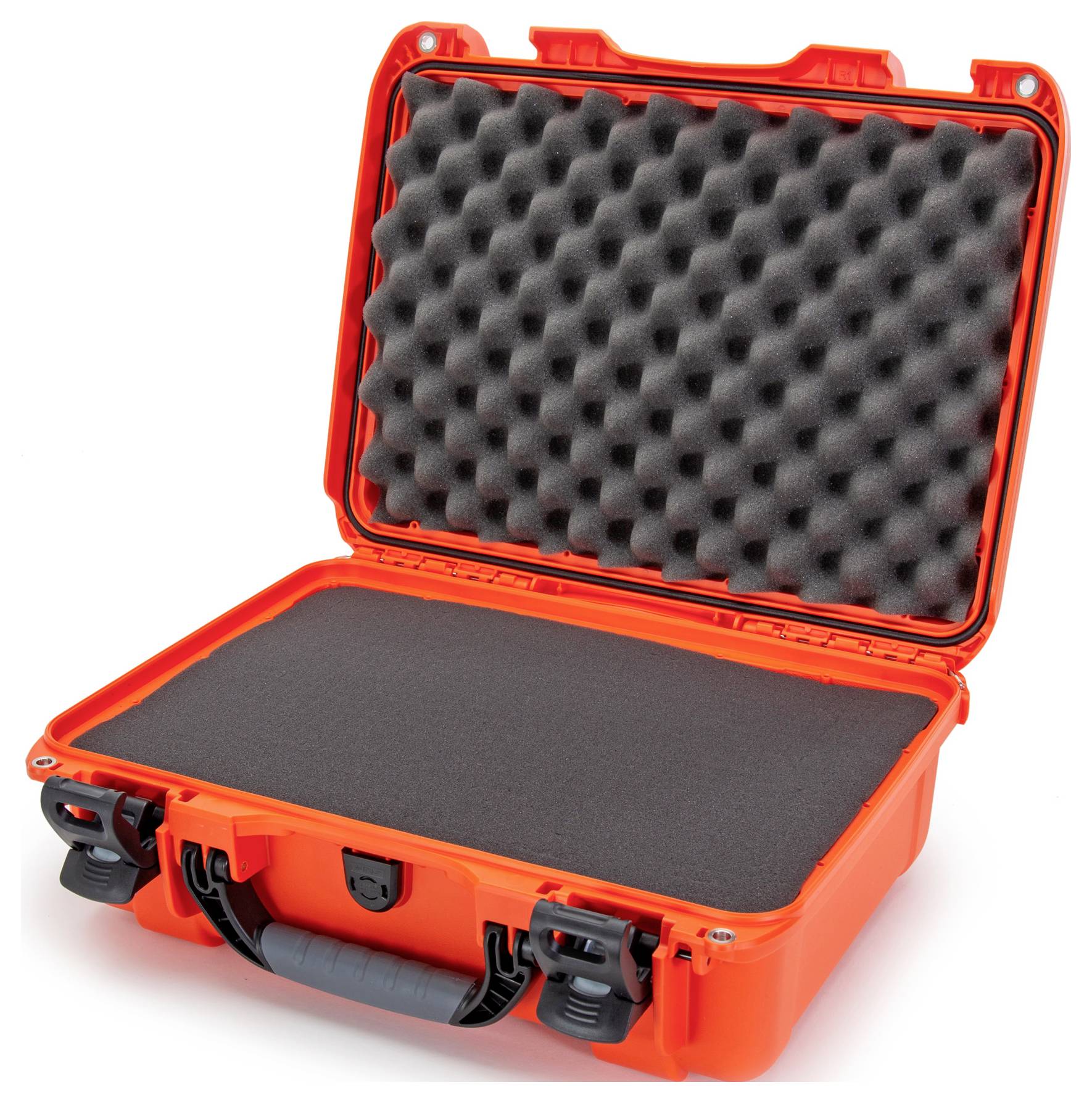 An open, bright orange hard-shell case with foam padding, suitable for the secure transportation of delicate items.
