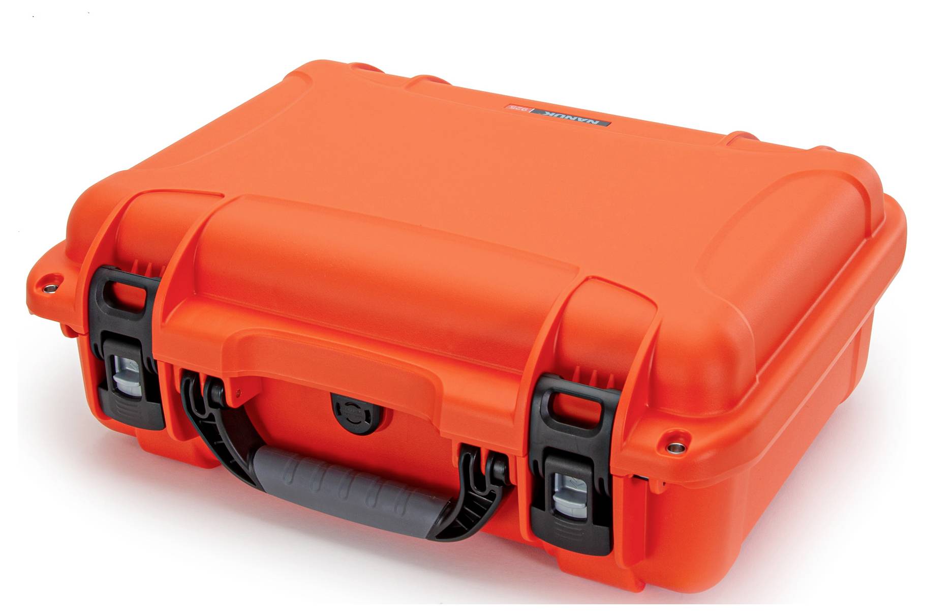 A bright orange hard-shell suitcase with a black handle and fastenings is standing on a white surface.