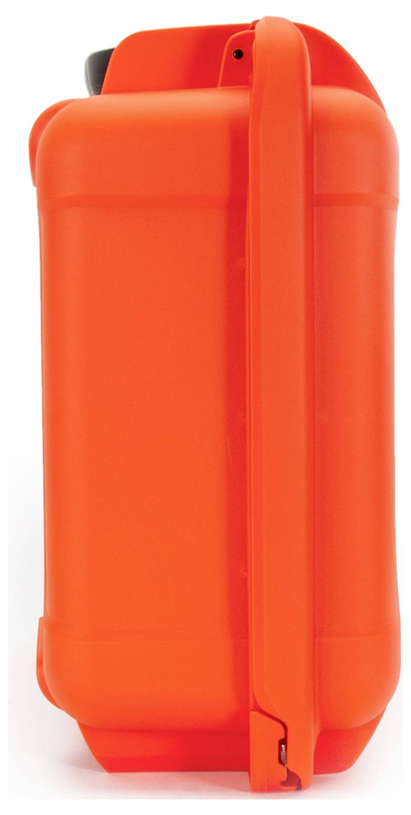 An orange suitcase stands upright. It is sturdy and has a carry handle on the top.