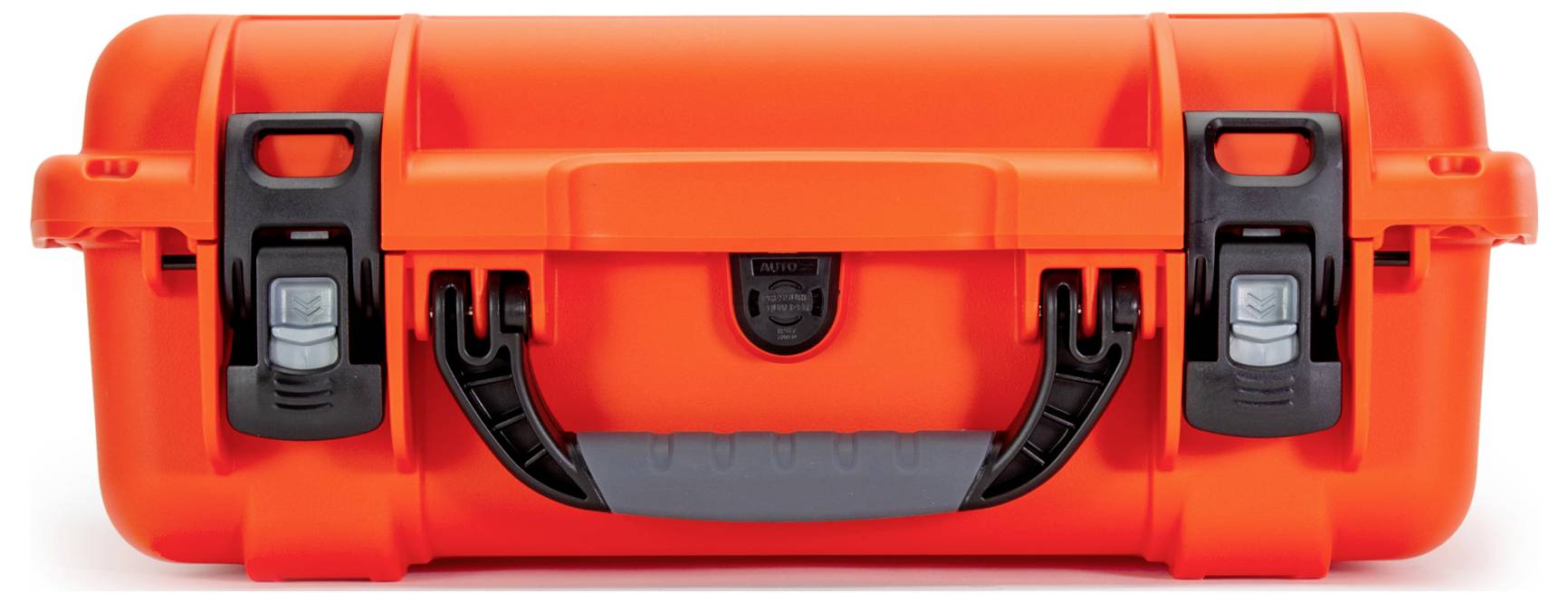 Orange, robust suitcase with black locks and handle. Suitable for safely storing delicate items.