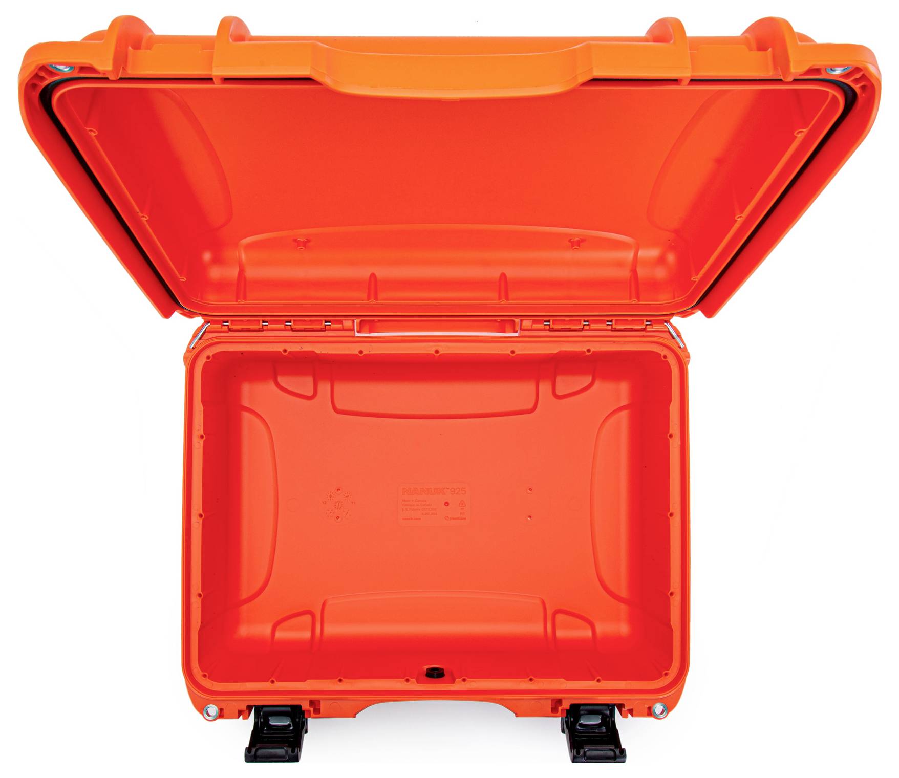 An empty, open orange suitcase with protective interior lining.