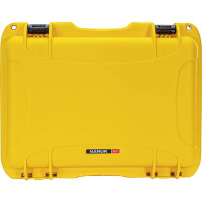 A yellow, robust protective case; brand 'Nanuk 925'. Suitable for the safe transportation of delicate equipment.