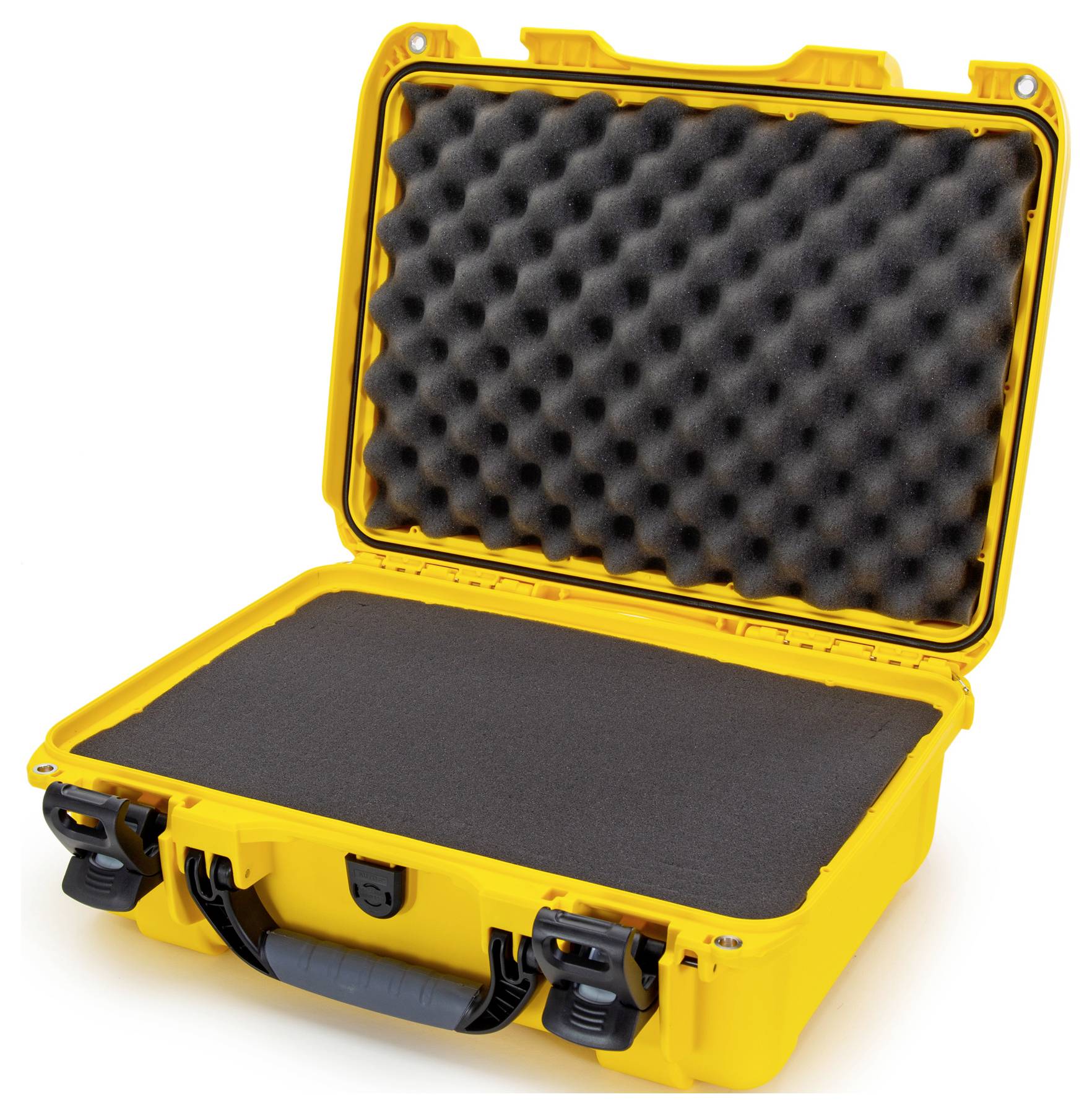 Yellow hard-shell suitcase with open lid, black foam interior, suitable for protecting delicate items.