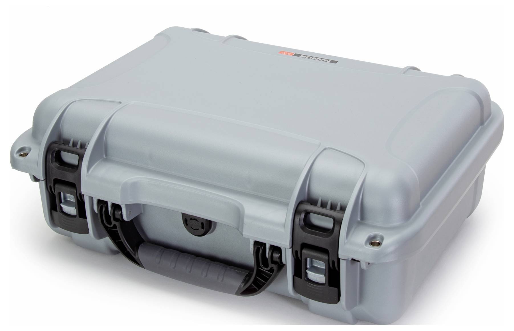 A grey, robust hard-shell suitcase with black clasps and carry handle. Ideal for securely transporting equipment.