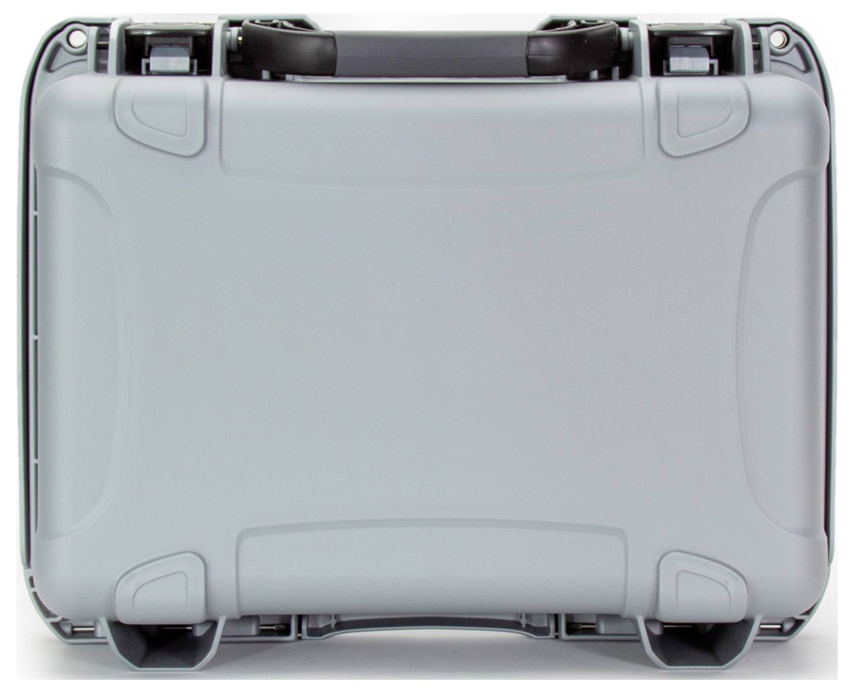 Grey, robust hard-shell suitcase with four corner protectors and handles.