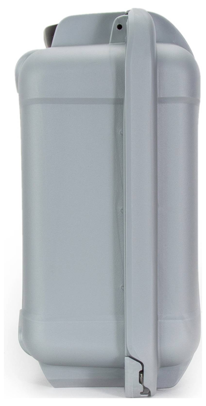 A grey plastic water jerry can with a side handle. Designed for easy transportation of liquids.