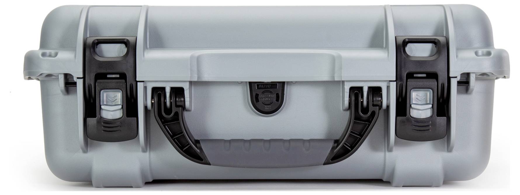 Grey, robust, sealed plastic case with two black latches and a folding handle in the centre.