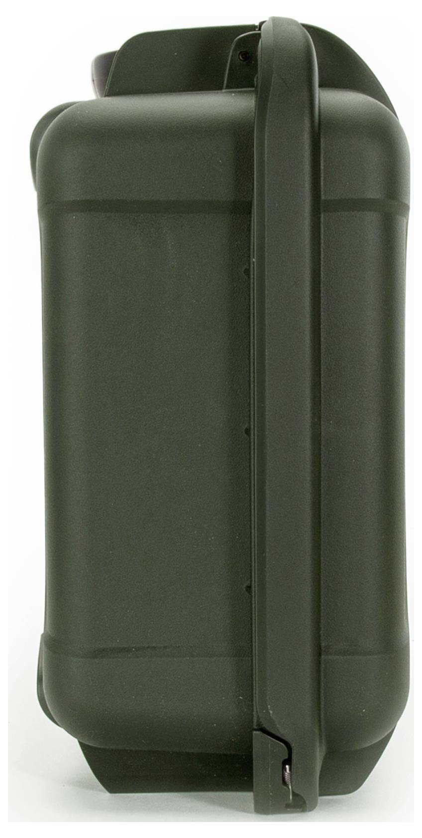 Black, rectangular travel suitcase with vertical handle.