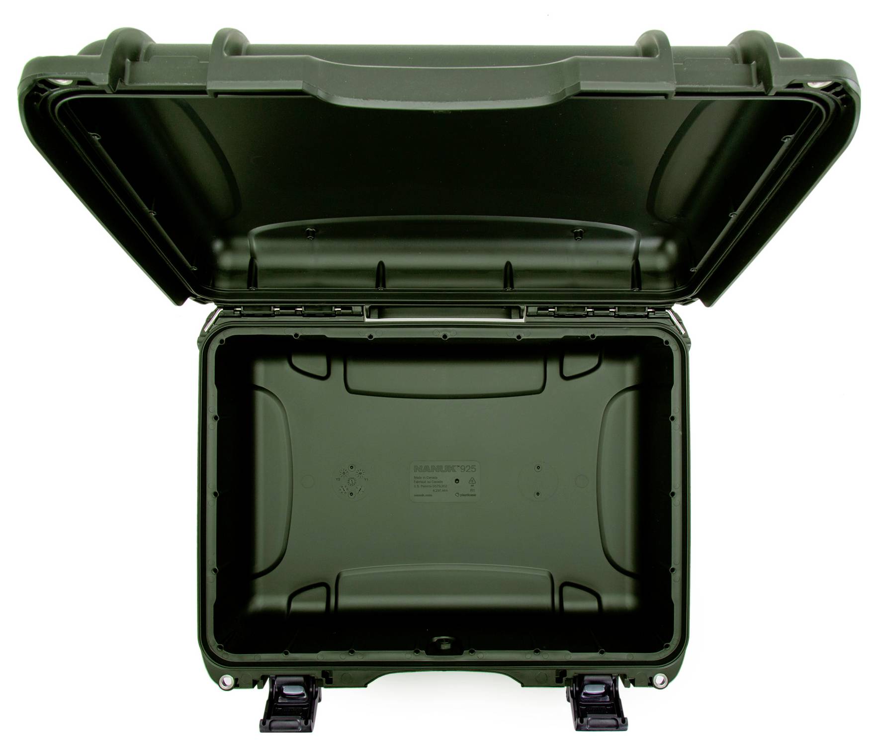 Open olive green transport case with robust design, suitable for secure transportation and protection of equipment items.