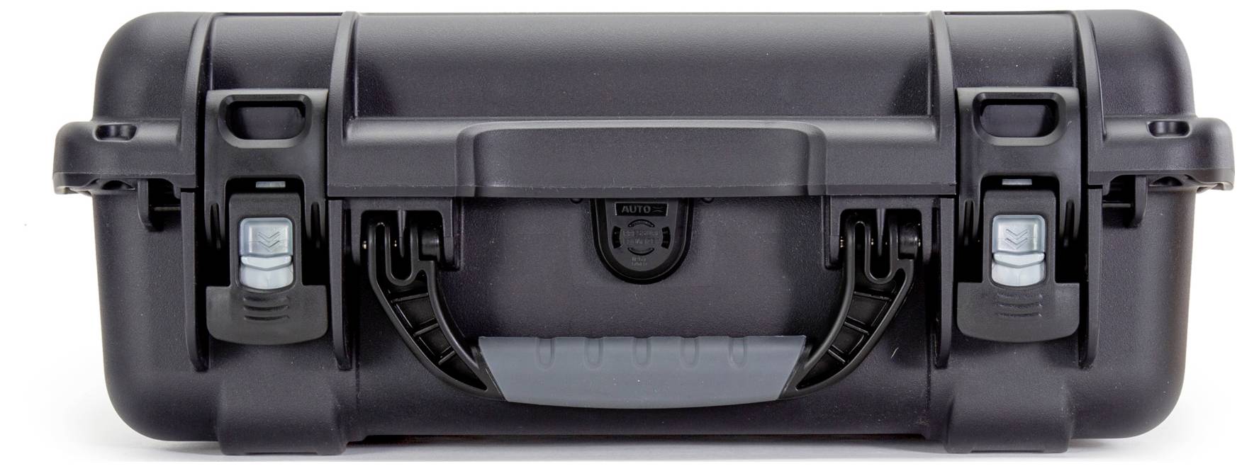 Black, robust hard-shell suitcase with locking latches and carrying handle, suitable for the secure transportation of sensitive equipment.