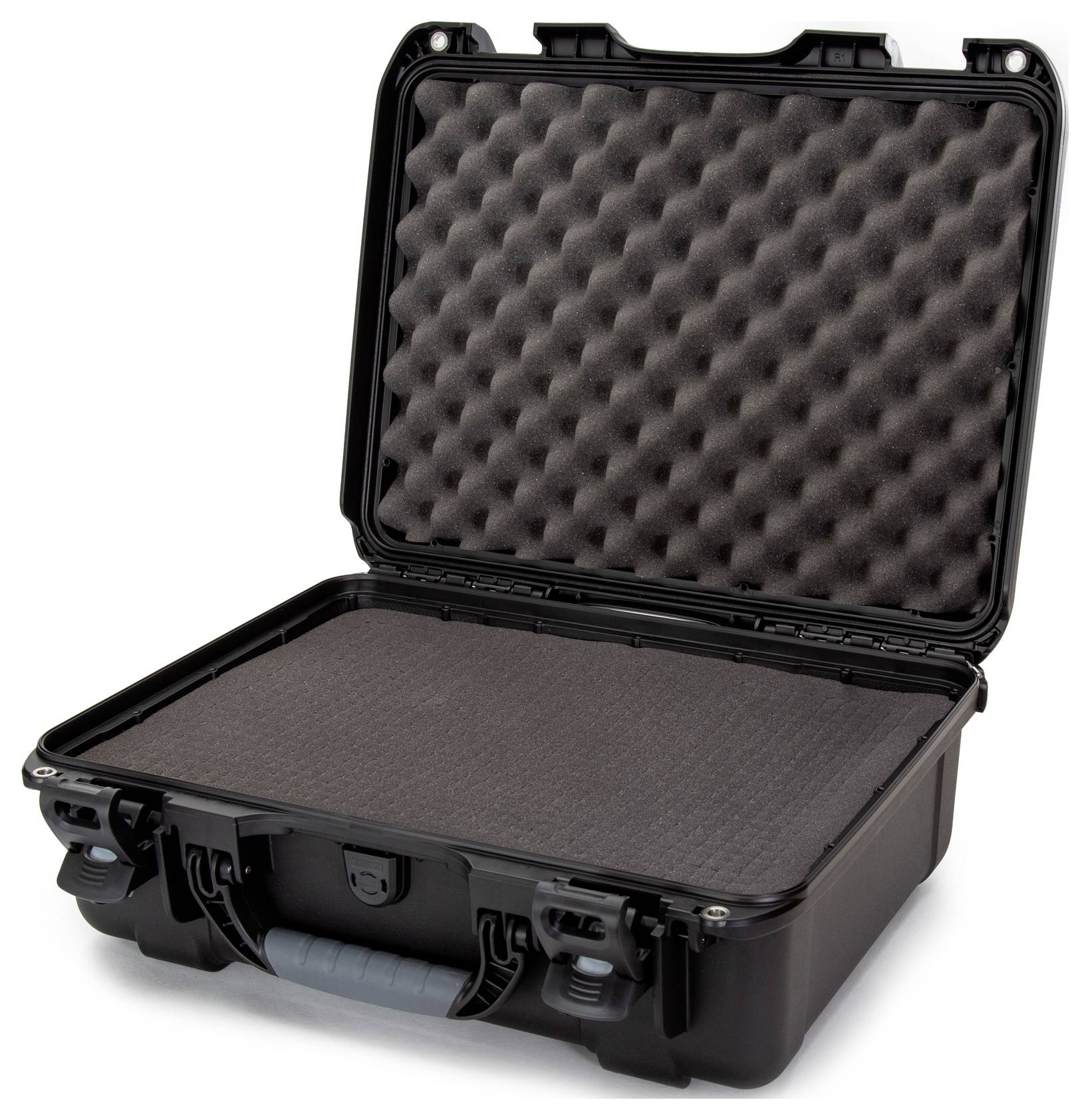 A black open hard-shell case with foam padding inside, suitable for securely storing delicate items.