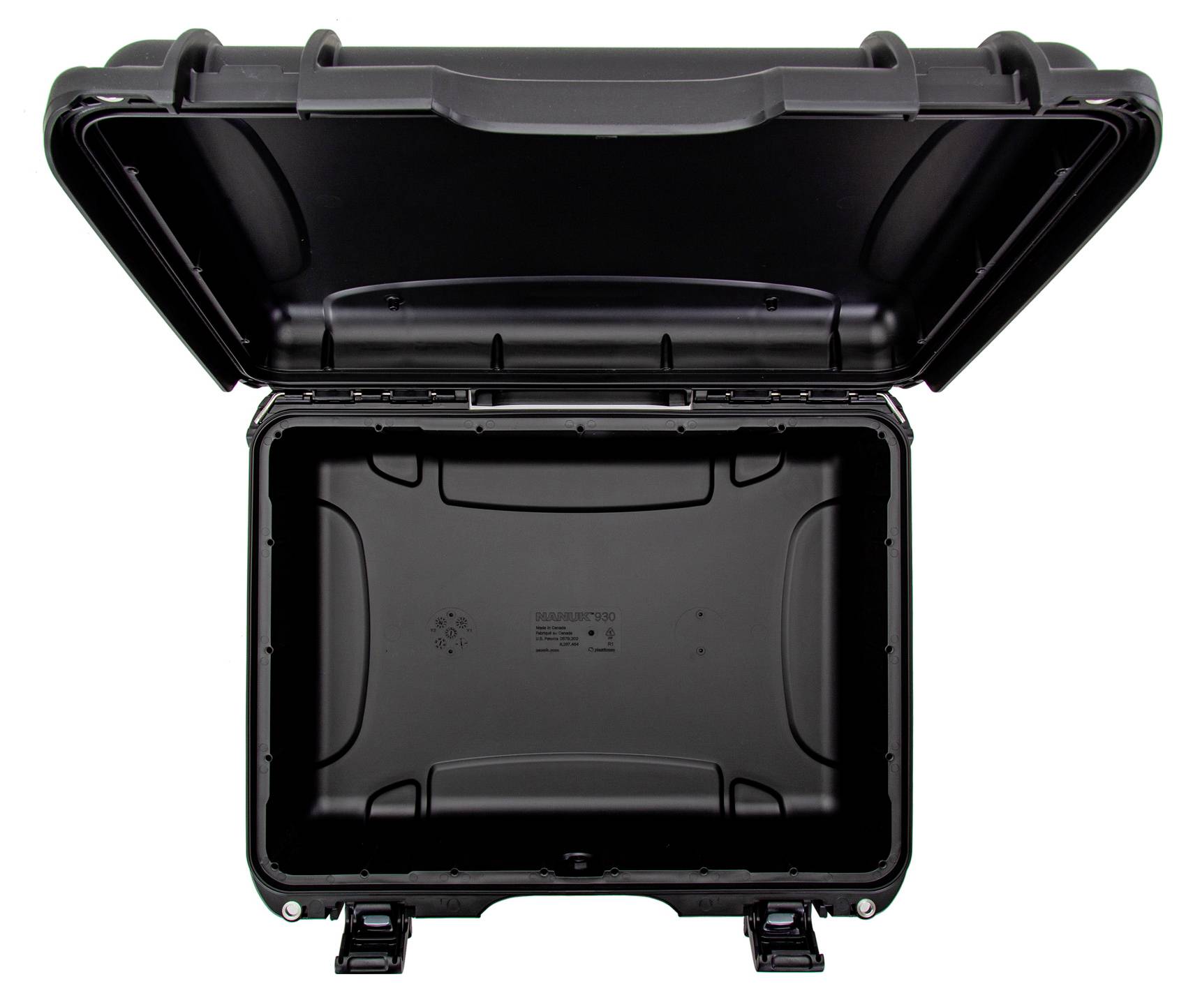 Black, open protective case with robust design for secure storage and transportation of delicate items.