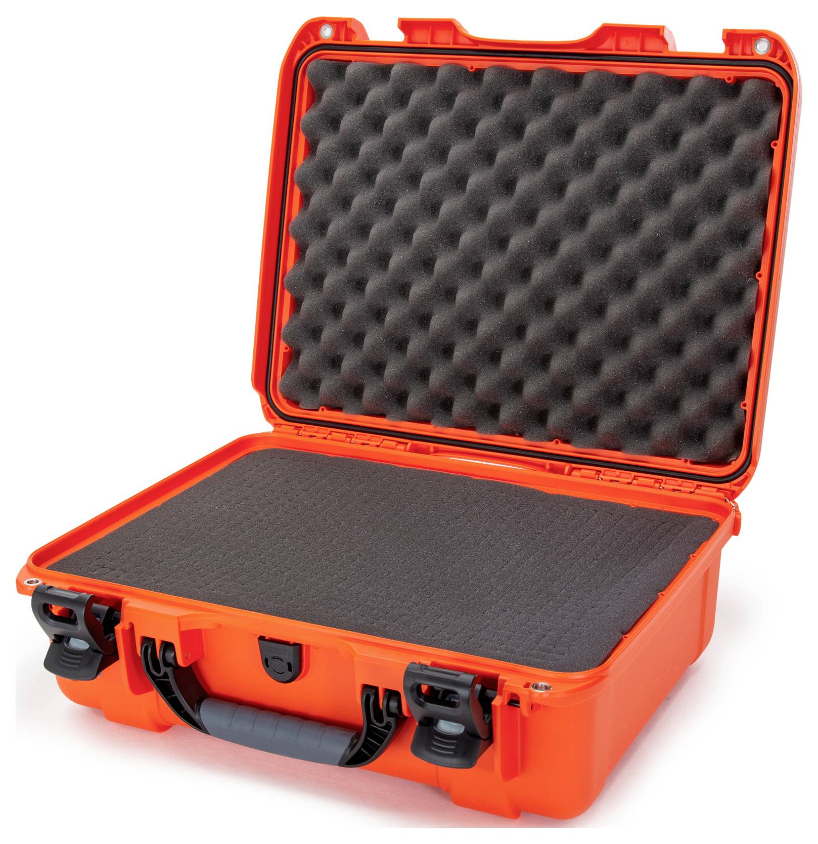 Orange, open protective case with black foam padding inside, suitable for safely transporting delicate equipment.