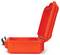 An open, bright orange hard-shell suitcase that opens upwards. Ideal for protecting delicate equipment.