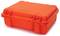 A robust, orange protective case with rounded corners and a secure closure system, suitable for safely transporting delicate items.