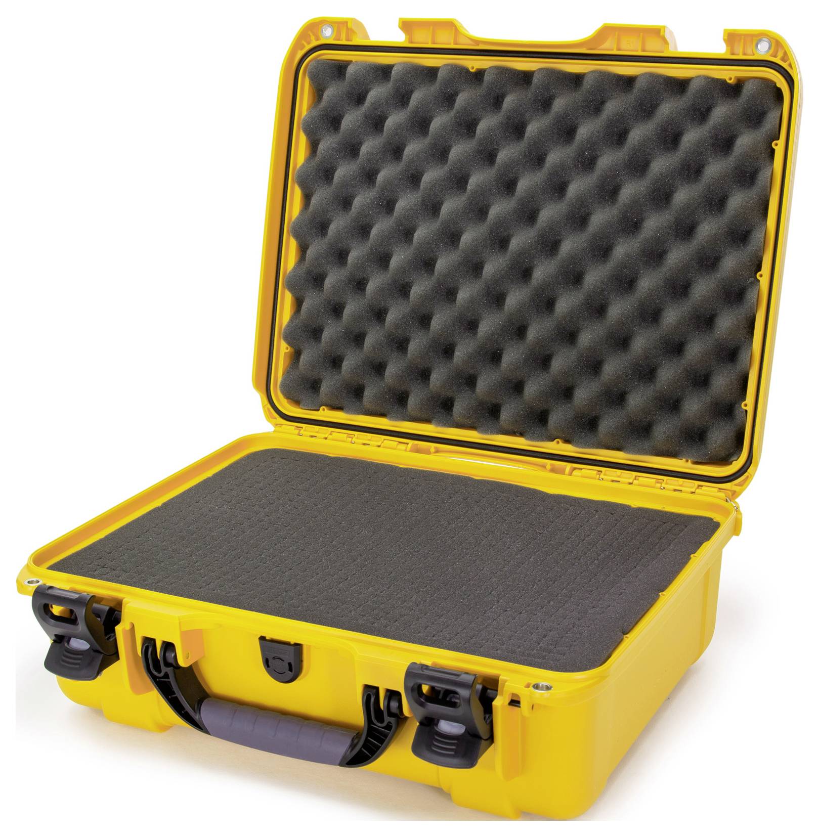 An open yellow hard-shell case lined with foam, suitable for protecting delicate equipment or instruments.