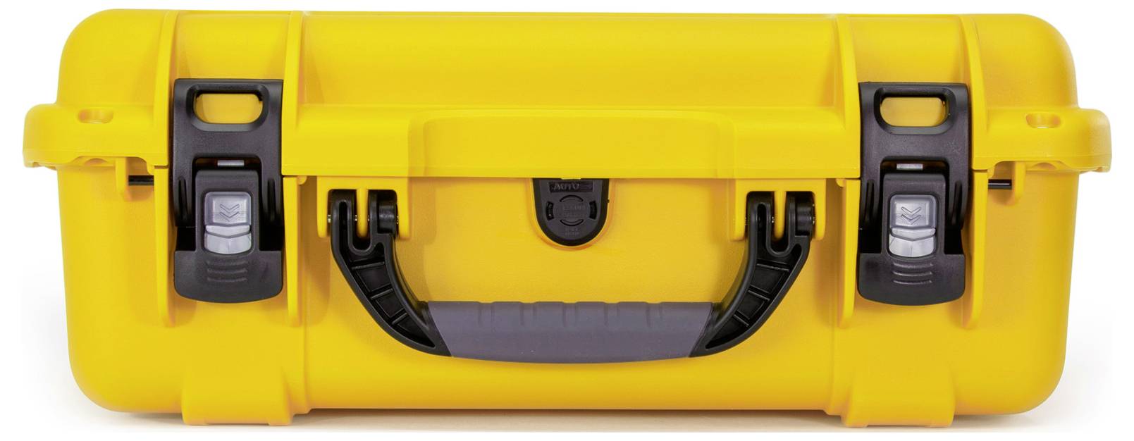 Yellow safety case with two black locks and a black handle in the centre.