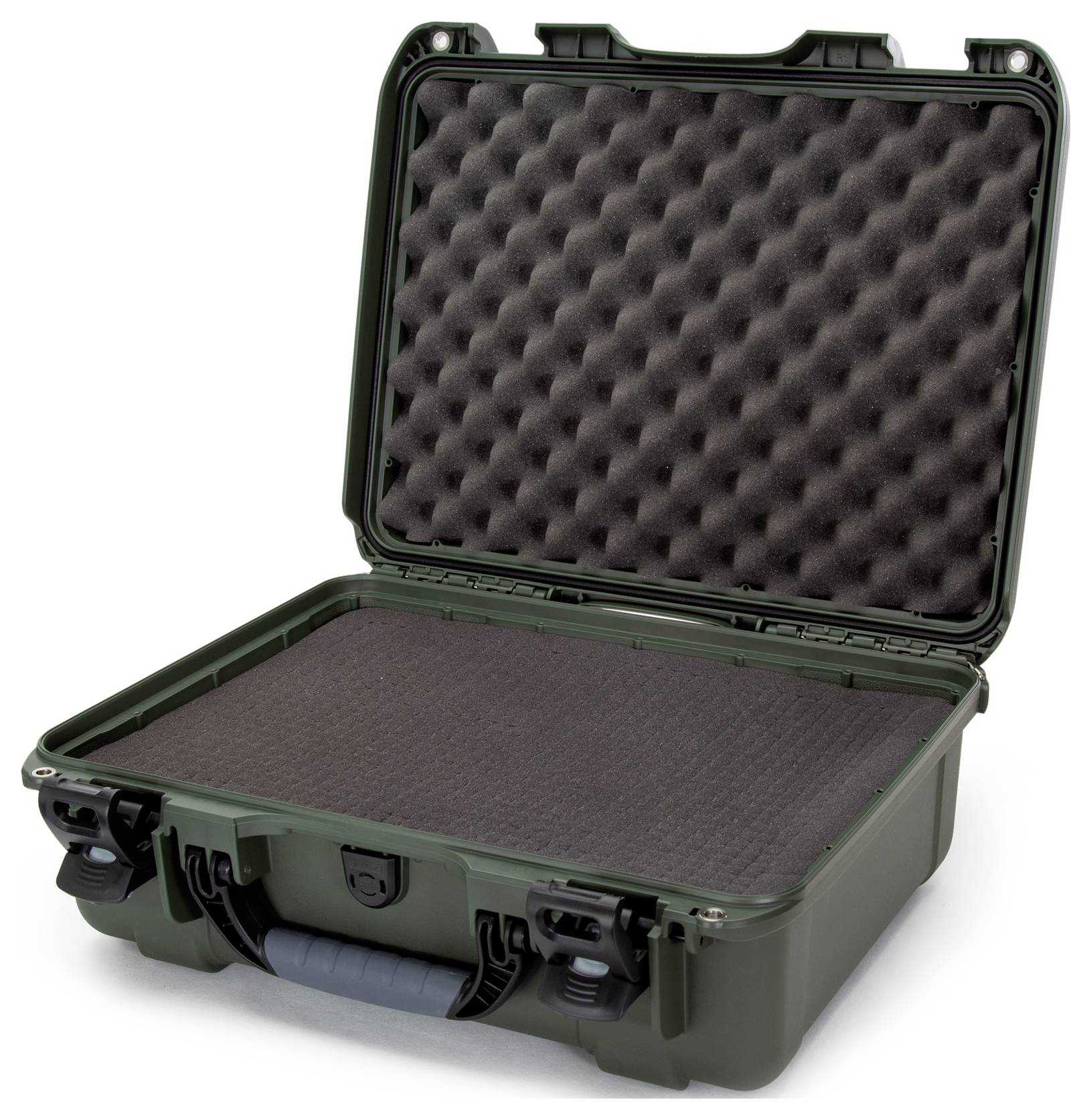 An open green protective case with black foam interior, ready for storing or transporting delicate items.