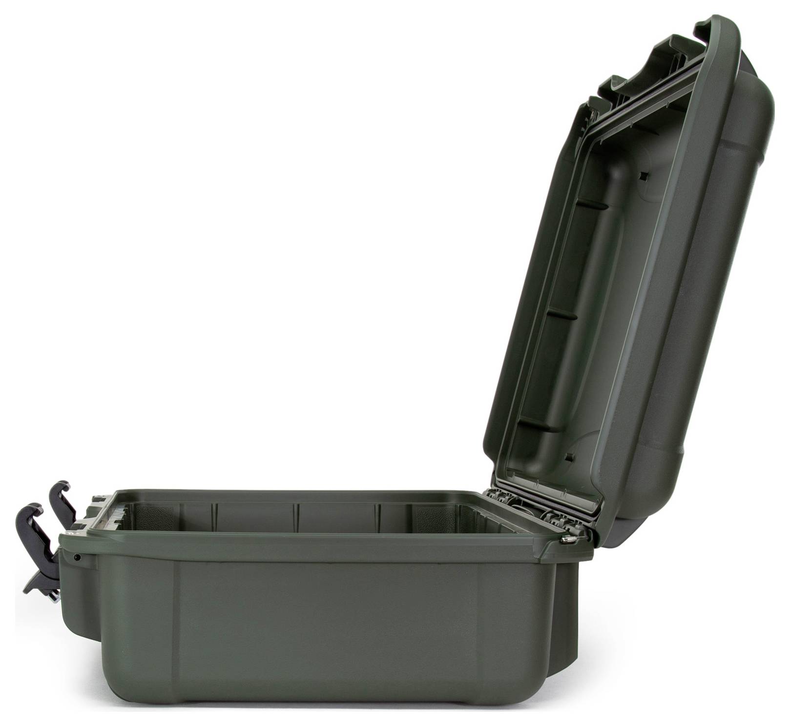 A robust, open black protective case, viewed from the side, with a snap lock and sturdy handle, ideal for secure storage.