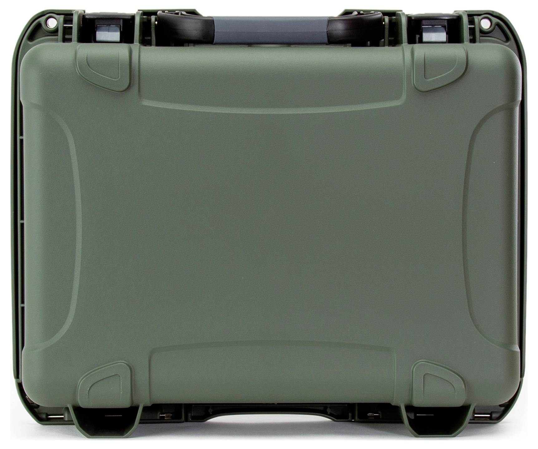 A robust, green, closed suitcase with a carry handle and sturdy corners, suitable for the secure transportation of delicate items.