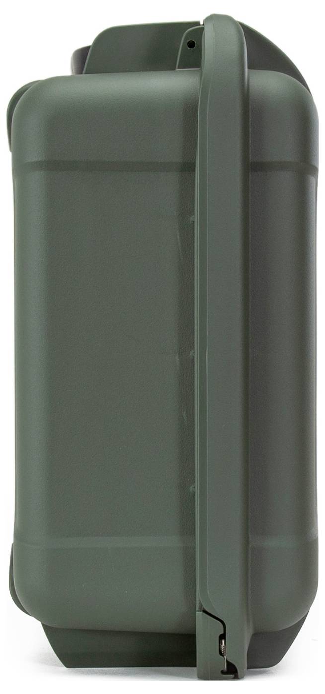 A large, dark green container with a handle on the side.