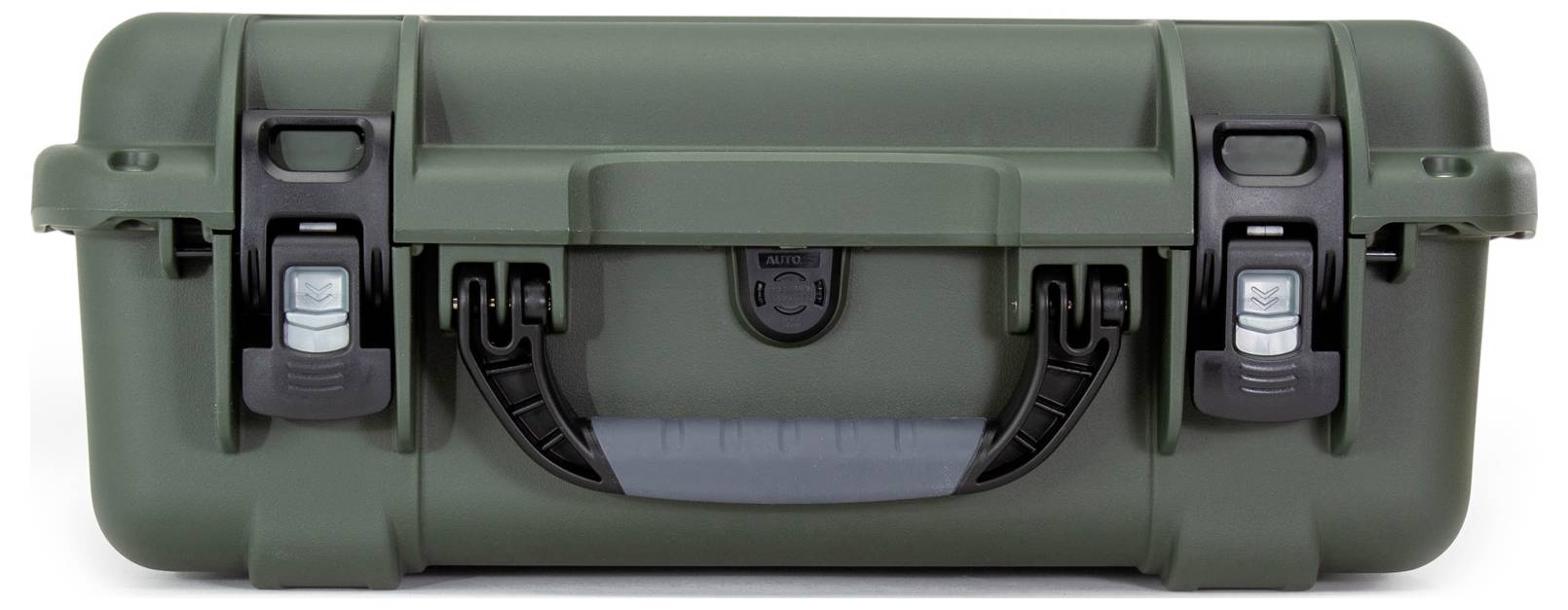A robust, green suitcase with two locks and a central handle, suitable for the secure transportation of delicate equipment.