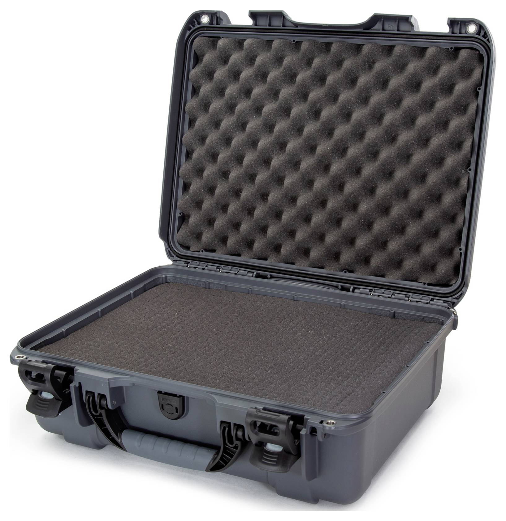An opened, empty hard-shell case with foam padding, suitable for the safe transportation of delicate items.