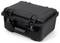 Black, robust suitcase with two locks and a handle, likely designed for the secure transportation of delicate equipment.