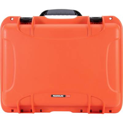 A brightly orange hard-shell suitcase with a black handle, robust construction, with the brand name 'Nanuk 933' on the front.
