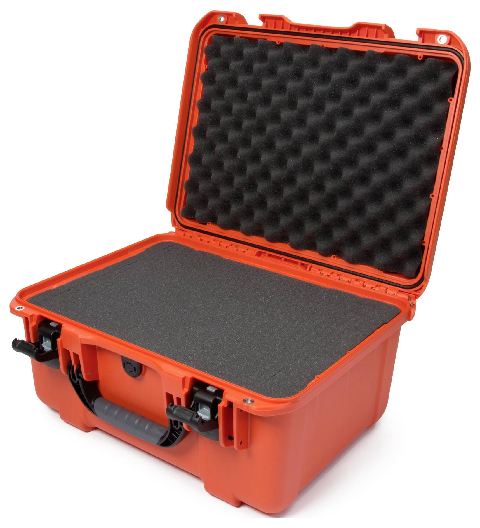 A red, open hard-shell case with foam padding, suitable for the secure transportation of delicate equipment.