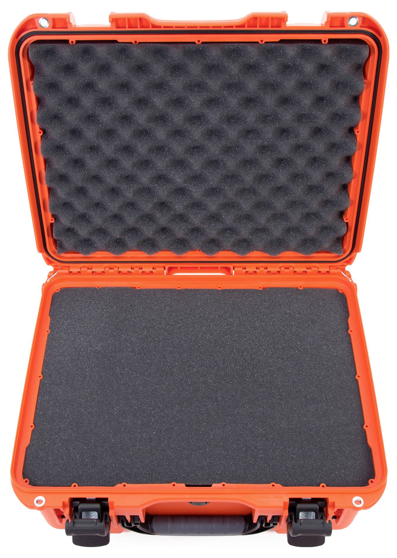 An open, orange transport case with foam padding inside, suitable for the secure transportation of delicate equipment.