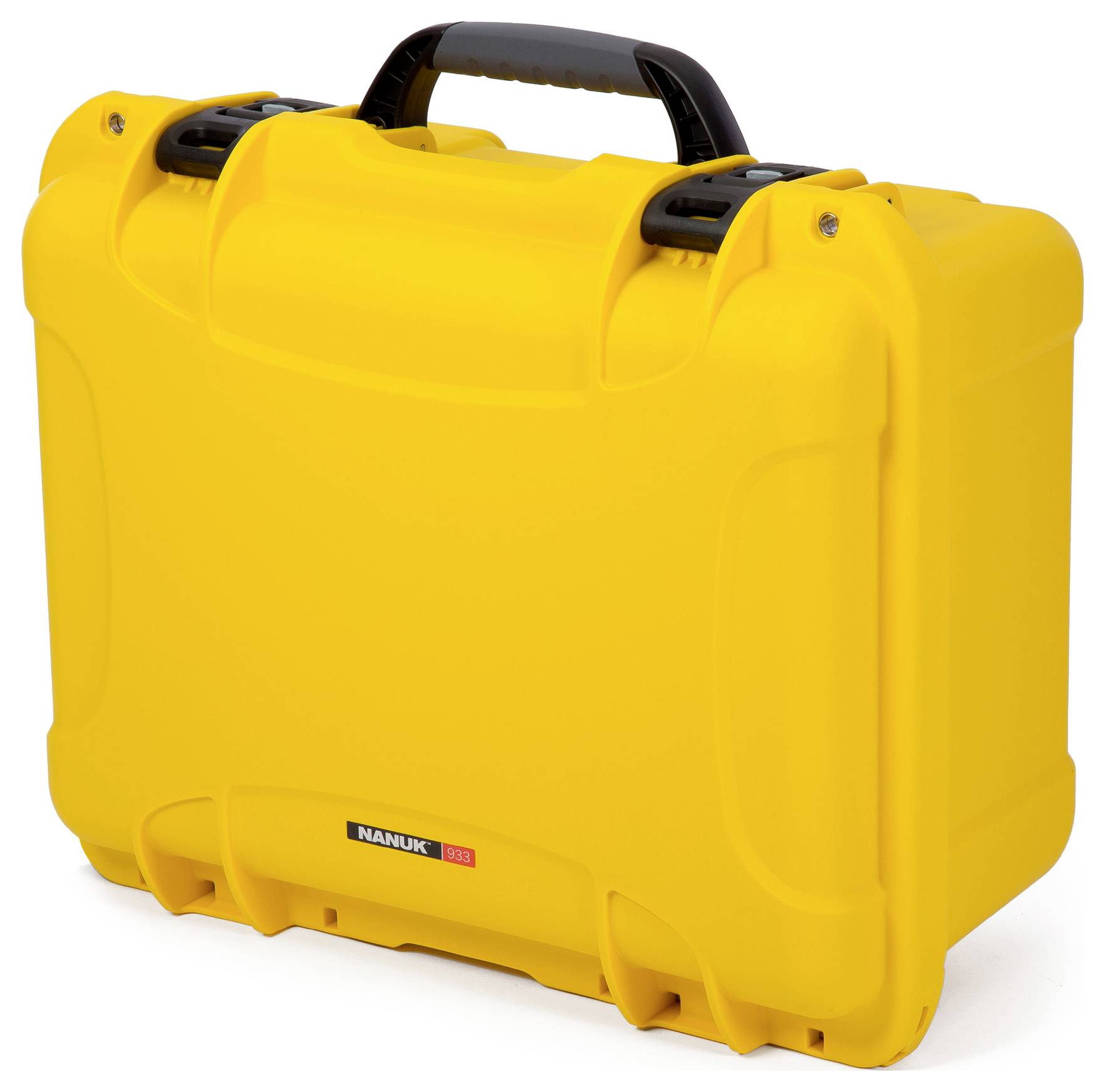 Yellow, robust transport case with black handle and clip fasteners. Suitable for secure transportation of delicate equipment.