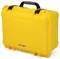 Yellow, robust transport case with black handle and clip fasteners. Suitable for secure transportation of delicate equipment.